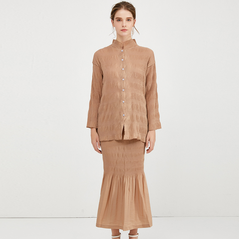 Pleated Casual Vintage Cardigan Long Sleeve Top Slim Fit Wrap Hip Skirt Set Women's Popular New Fish Tail Skirt Two Piece Set