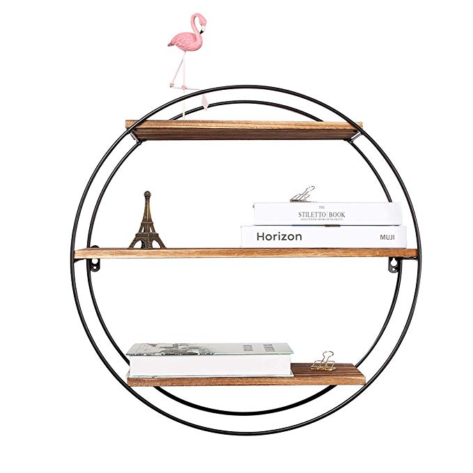 3 Tier Geometric Round Wood and Metal Wall Hanging Shelves Decorative Shelf for Rustic Farmhouse Decor