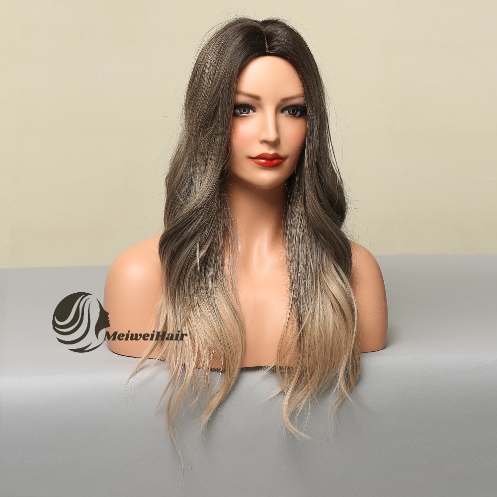 Meiwei hair products synthetic wig supplier brown mixed color long curly deep wave mixed ombre brown hd wigs