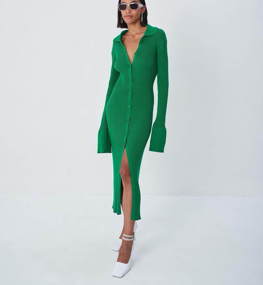2021 autumn fashion women's long-sleeved sexy V-neck long knitted button flared sleeve sweater dress