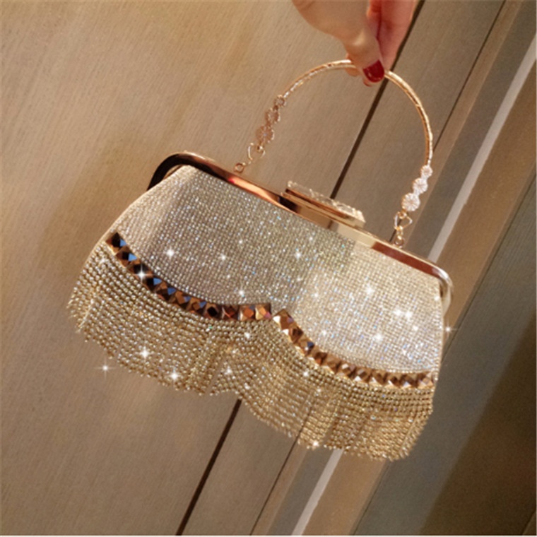 Hot Sale Diamond Fashion Elegant Crystal Clutch Bag Rhinestone Luxury Evening Lady Bag for Wedding Party with Tassels