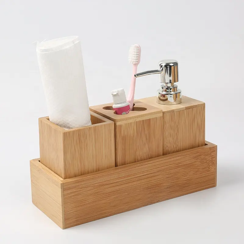 Multifunctional Classical 4pcs Soap Dispenser Cup Tooth Brush Holder with Bamboo Wooden Tray Bamboo Bathroom Accessories Set