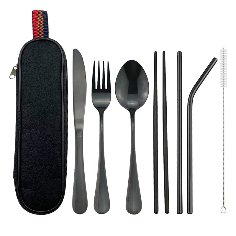 Portable camping travel cutlery set with case,Reusable Flatware with Metal Straw and Chopstick For Office/School/Outdoor/Hiking