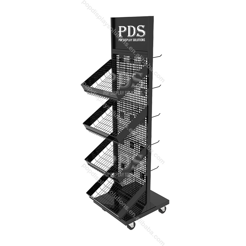 Movable Floor-standing Double-sided Supermarket Display Racks Metal Accessories Display Rack with Hooks and Frame