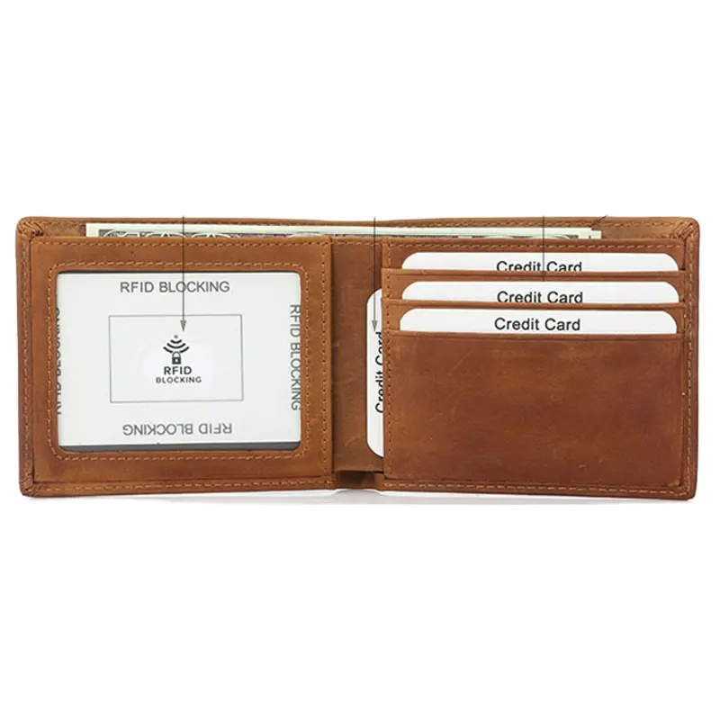 Мужской кошелек двойного сложения с блокировкой RFID из мягкой натуральной кожи коричневого цвета
