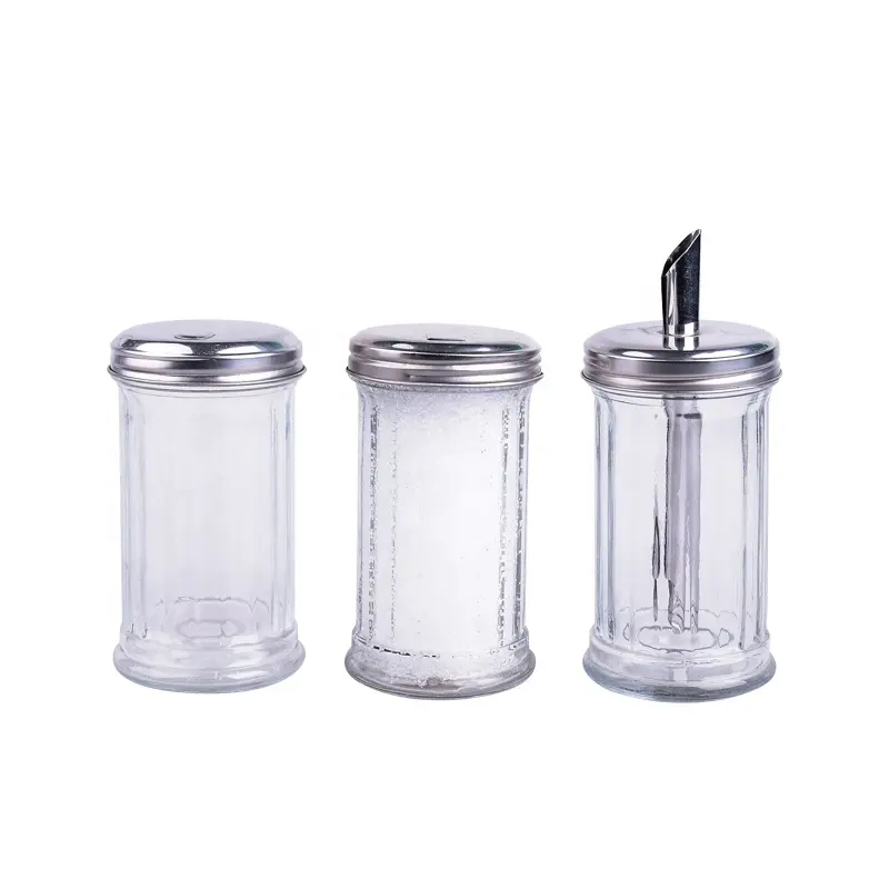 Retro Sugar Shakers, 12 oz - Glass Dispensers & Stainless Steel Lid with Pour Flap Spout