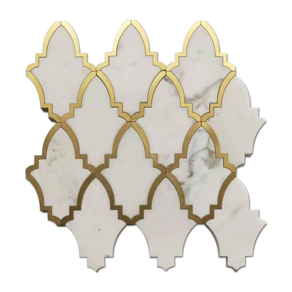 Белая мраморная Смешанная латунная Водоструйная мозаичная плитка Samistone Bianco каррарская для обратного брызга