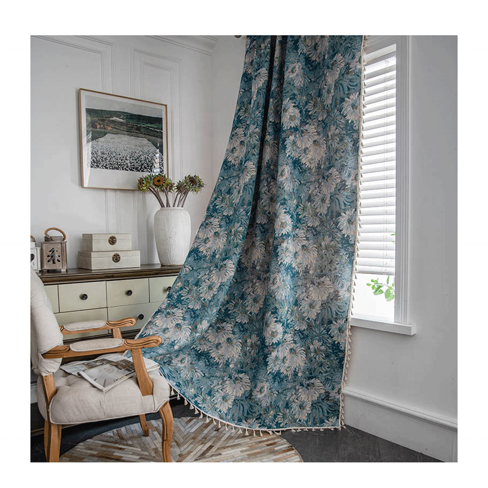 OEM customizable household curtains European and American new blue printing semi-blackout curtains