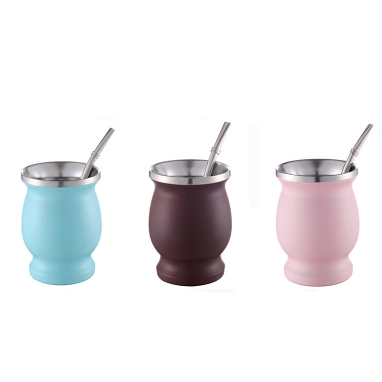 Double Wall Argentine Mate Tea Cup Stainless Steel Yerba Mate Gourd Cup Coffee Mugs with Spoon