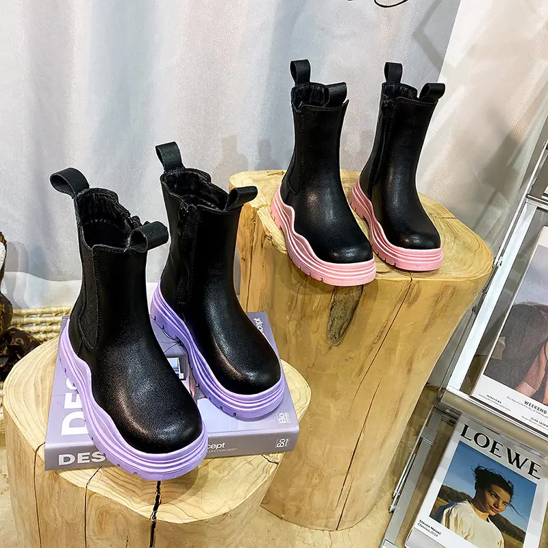 Новинка Осень/Зима 2021, детские модные ботинки, Корейская версия ботинок с молнией сбоку, модные зимние ботинки с высоким вырезом