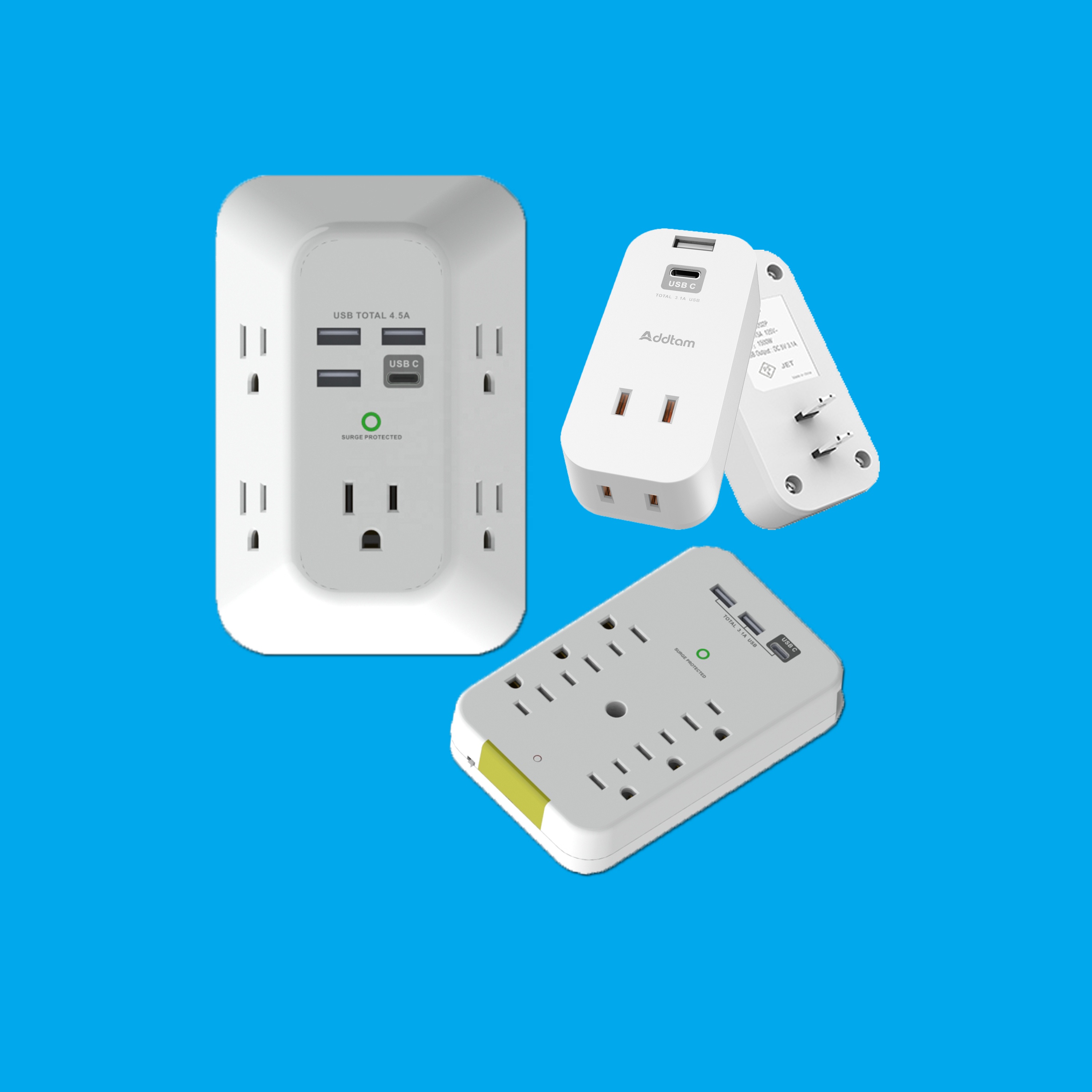 USB настенное зарядное устройство от перенапряжения переменного тока, 5 розетки удлинитель с 4 портами USB для зарядки (1 взаимный обмен данными между компьютером и периферийными устройствами с 4.5A общая) 3-сторонний 1800J сетевой фильтр