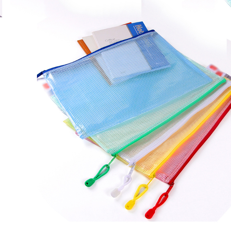Durable plastic pvc waterproof mesh advertising zipper pouch with rope handle mesh document bag for students