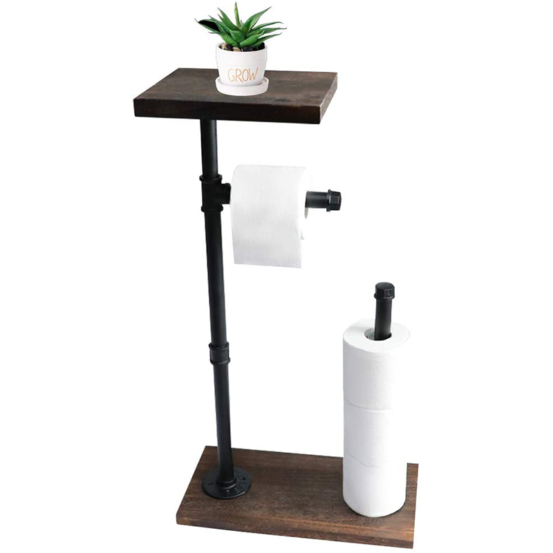 2021 Amazon Best Sellers Toilet Paper Holder Stand with Shelf Cast Iron Pipe with Wooden Base Perfect for Bathroom  Hotel