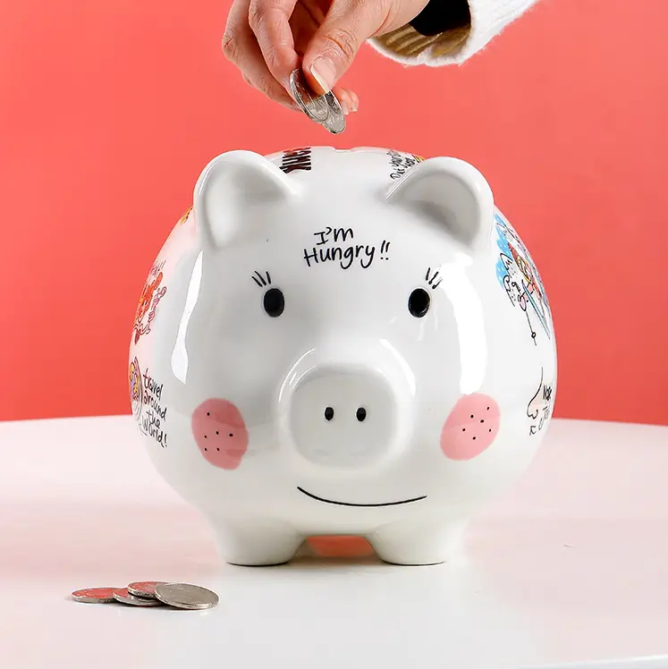 Hot sale high quality handmade gifts cartoon animal painting coins bank Ceramic souvenir pink piggy bank