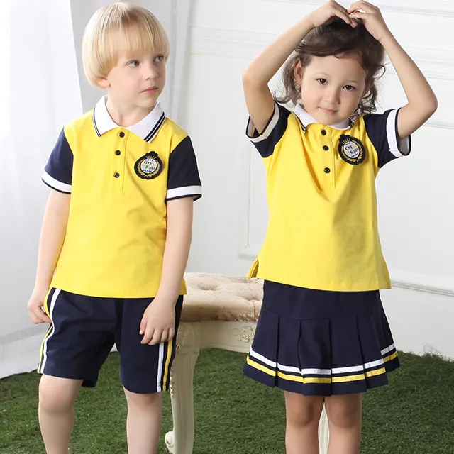 Designer School Uniforms Kids Cute Yellow Cotton Fabrics Summer Kindergarten Primary Secondary School T Shirt Uniform Designs Pre School Uniforms