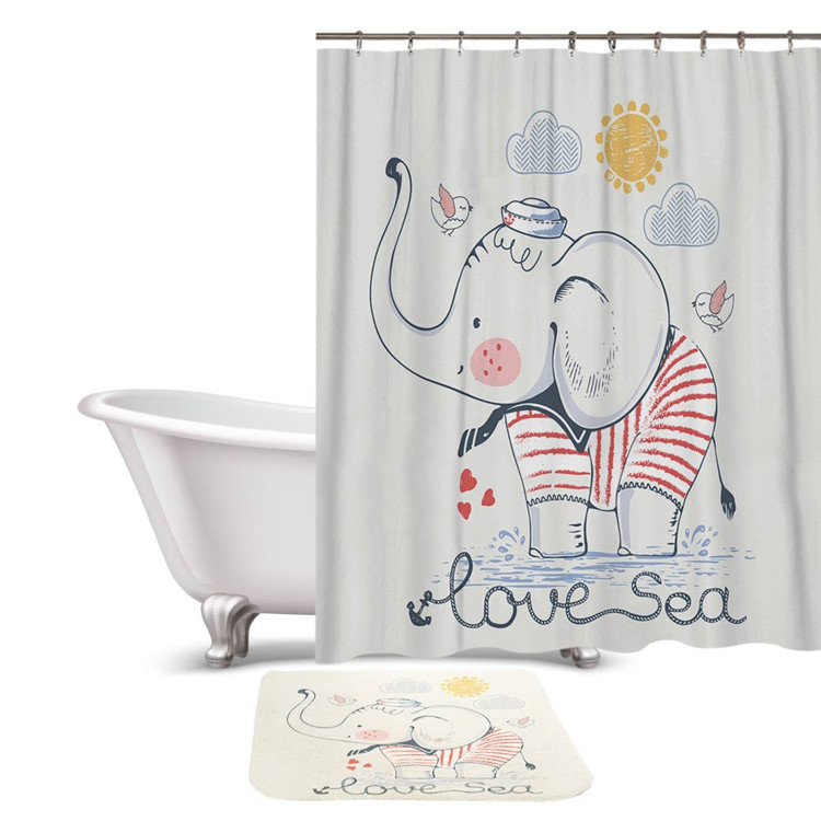 Hot sale new design bathroom set elephant printed mildew resistant shower curtain and bath rug