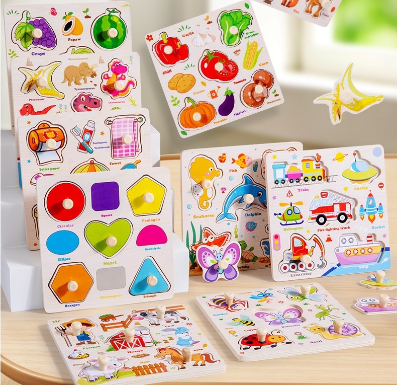 Hand Grab Matching Board Early Educational Alphabet Learning Wooden Peg Knob Hand Grasp Puzzle Children Kids Toy