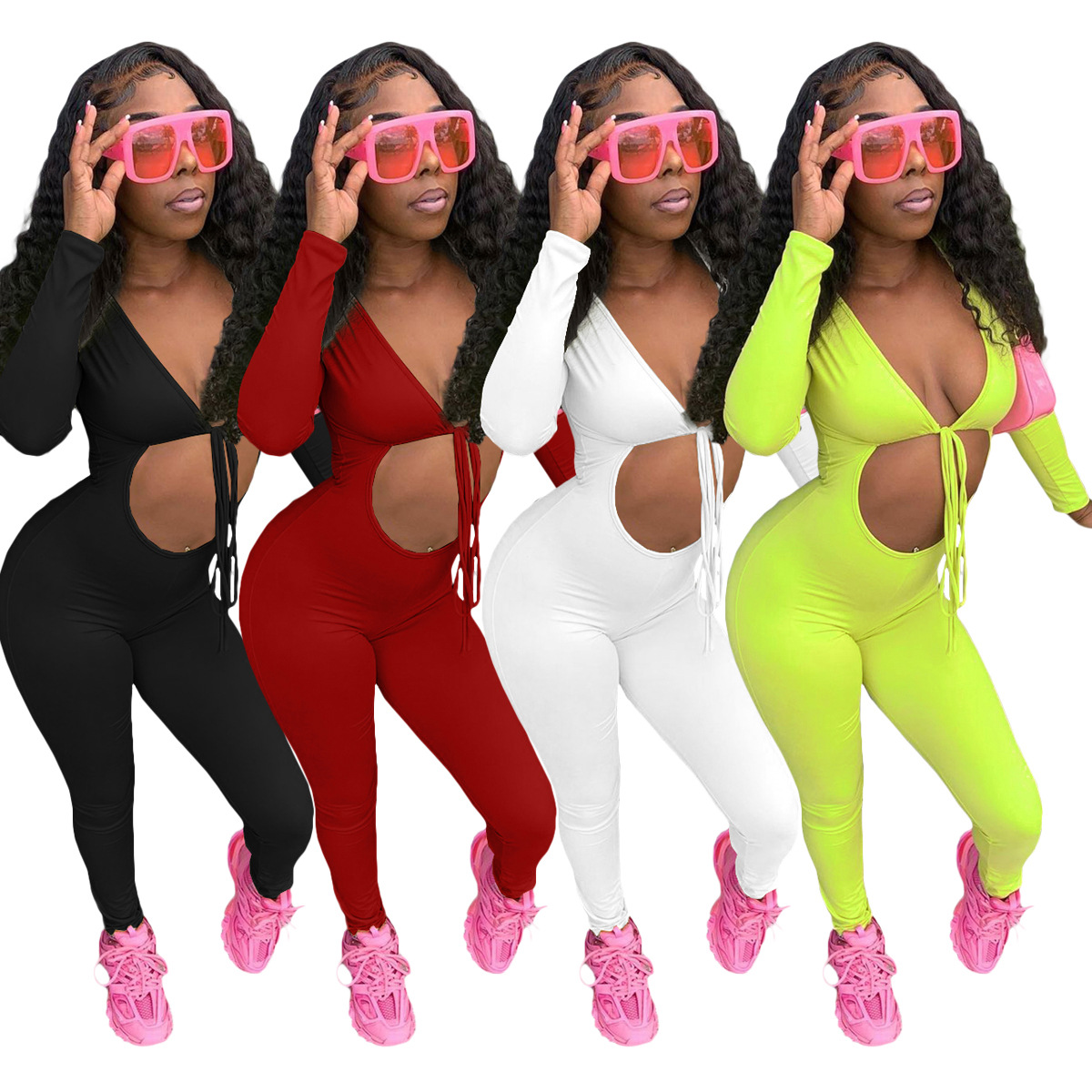 Long Fall 2021 Women Clothes Autumn One Piece Bodysuit Women Hollow Out Lace Up Long Sleeve One Piece Jumpsuits Women
