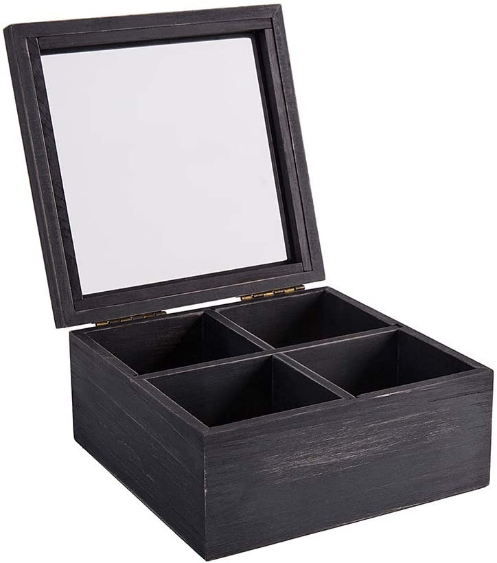 Tea box Wooden Tea Bag Organizer 4 Compartments Tea Packet Collection Box With Transparent Glass Window Box (black)