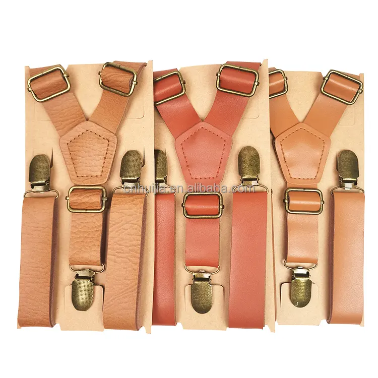 China Factory Custom Wholesale high quality vintage Tan 3 clips Y Shape mens leather suspenders for wedding party
