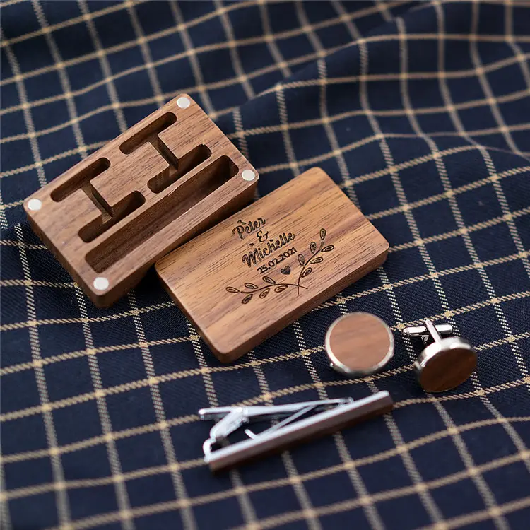 Wholesale custom Wooden blank luxury engraving mens cufflinks tie clip box wood
