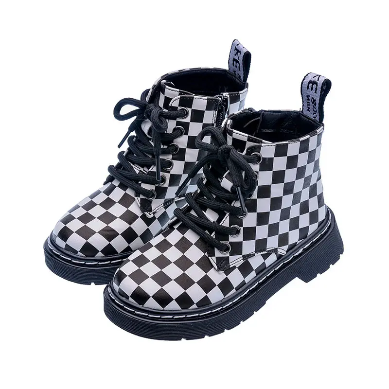 Autumn winter children's checkerboard print boots boys side zipper casual Martin boots Kids unisex