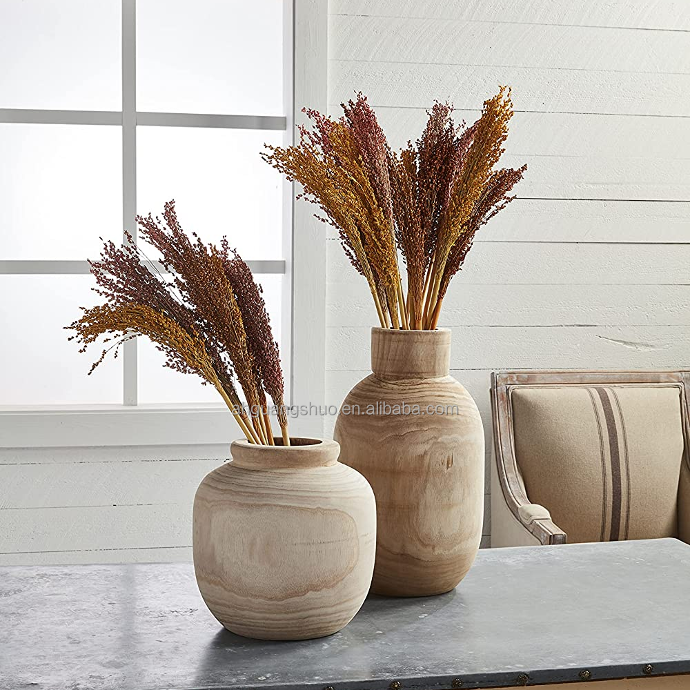 Hand Carved Wood Flower Vase Home and Office Decoration Vase Handmade Bamboo Round wood Vase