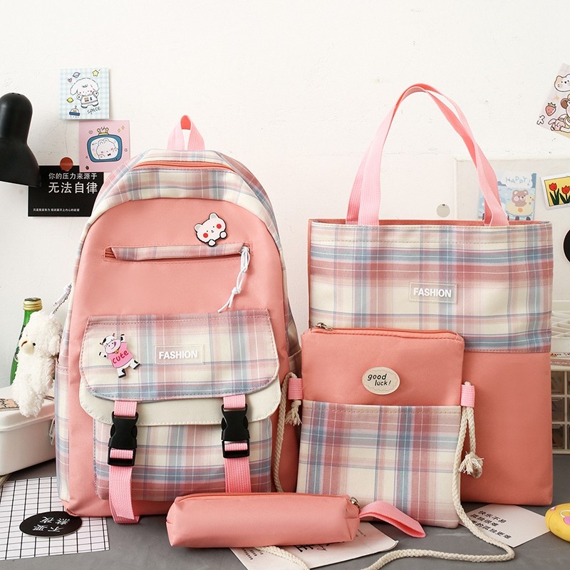 New Plaid 4 PCS Set Colorful Sweet Girls Backpack Shoulders Bag School Backpack Set for Teenager