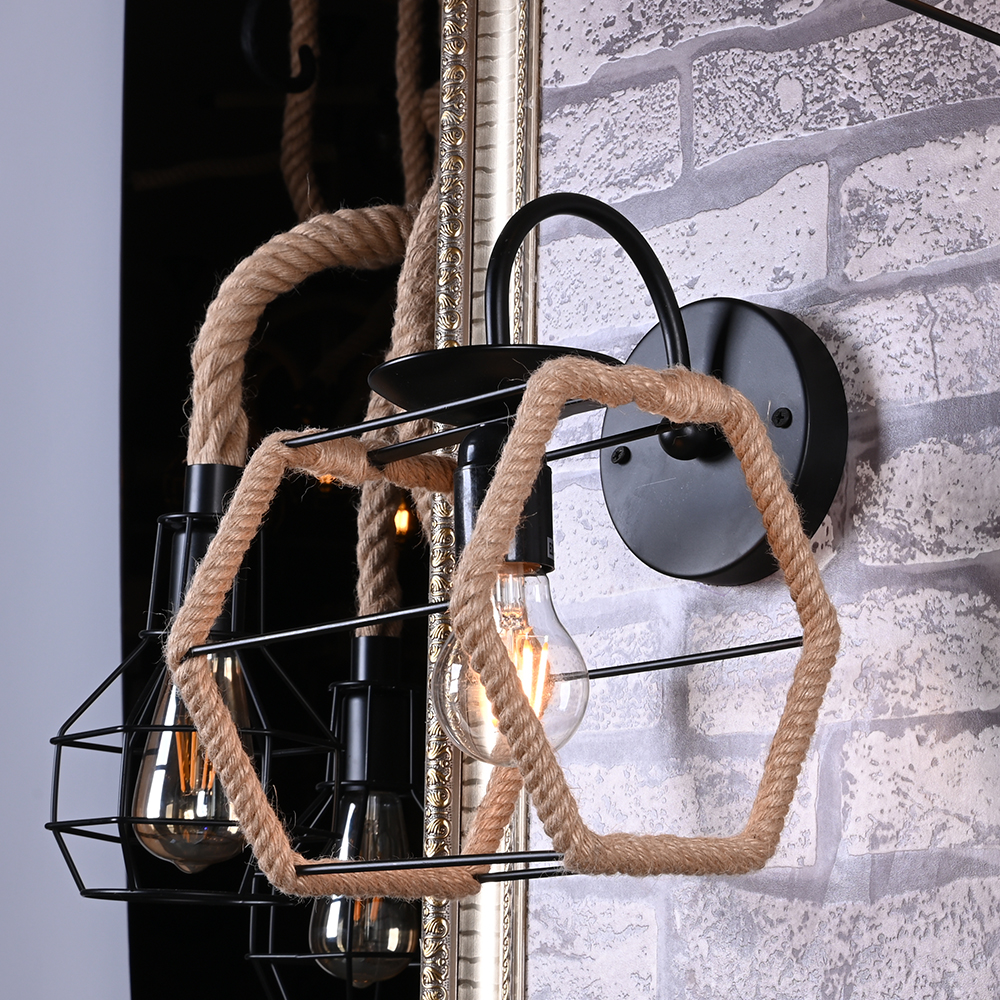 Wrought Iron Rope Wall Lamp Cage Lampshade Black Indoor Lighting E27 LED Wall Light