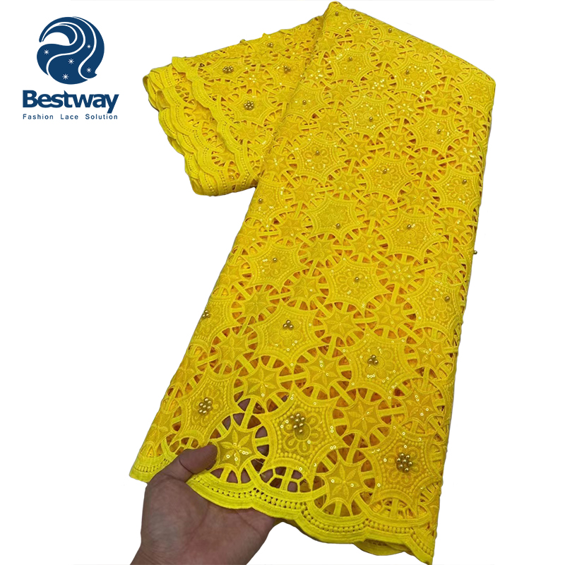 Африканская Свадебная Водорастворимая кружевная ткань Bestway желтого цвета, 5 ярдов
