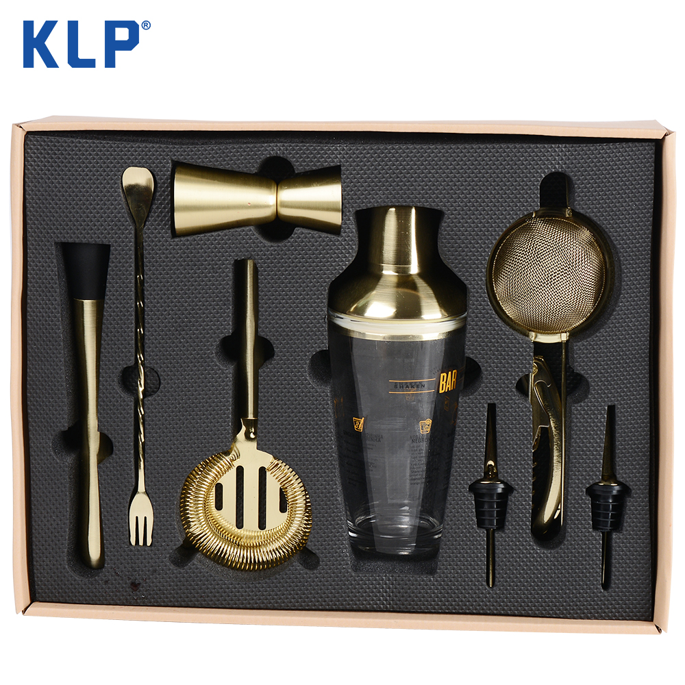KLP 8 Pieces Cocktail Shaker Set Glass Bartender Boston Cocktail Shaker Home Bar Set