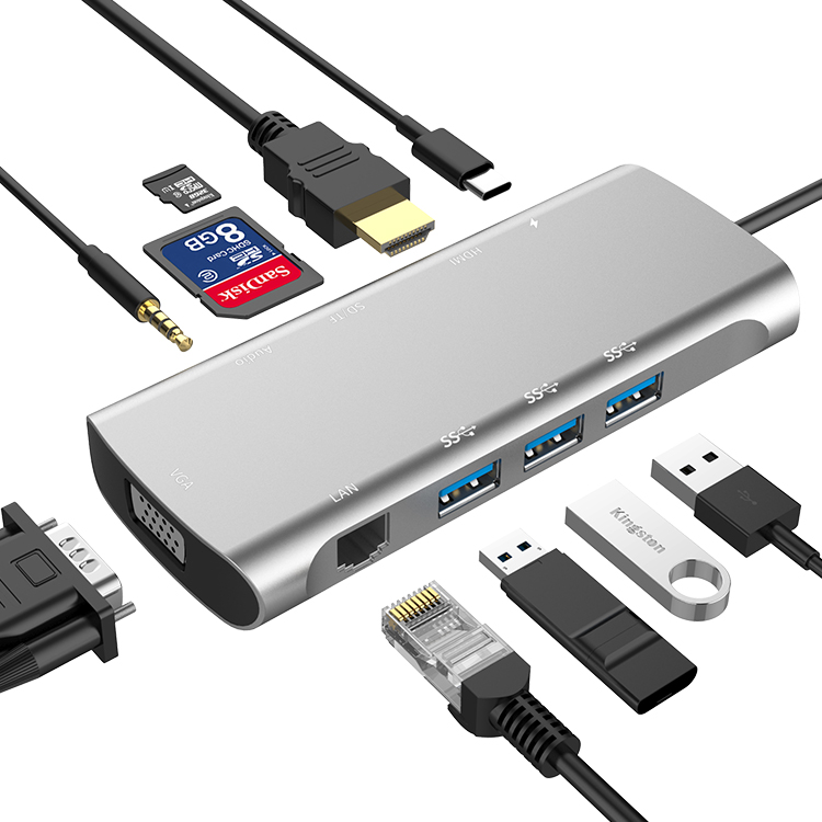 10 портов в 1 Алюминиевый сплав SD TF OTG Аудио Видео VGA Ethernet адаптер PD 3,0 Тип USB C концентратор