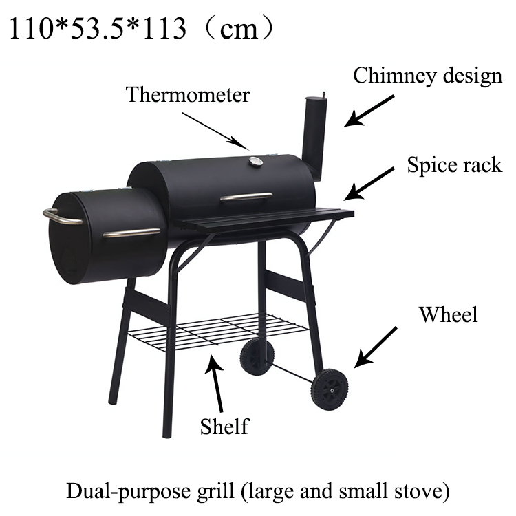 Black offset wheel heavy duty trolley large barrel camping portable outdoor smoker charcoal barbecue bbq grills