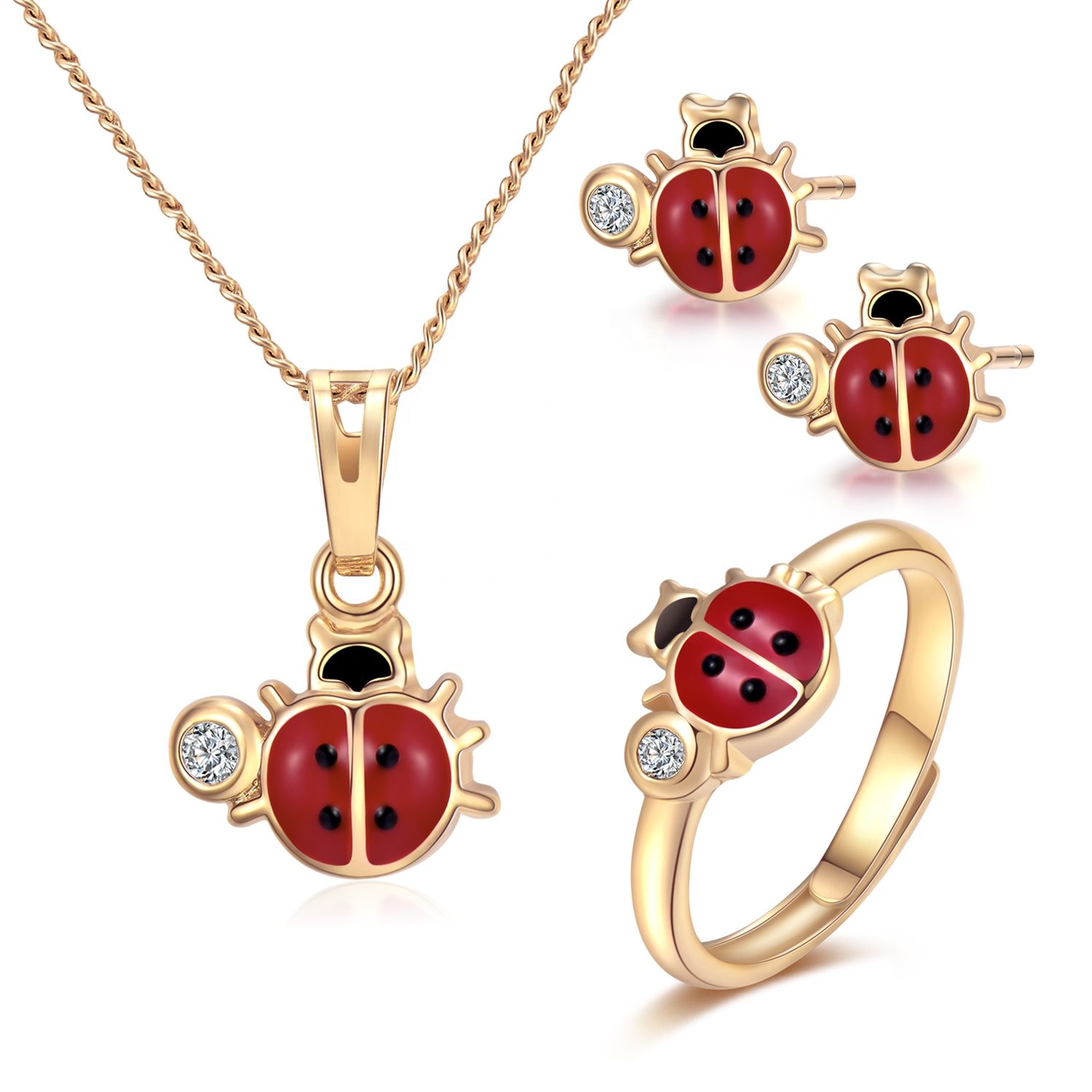 14k Gold-Filled Red and Black Ladybug Pendant Necklace Rings Jewelry Set For Kids