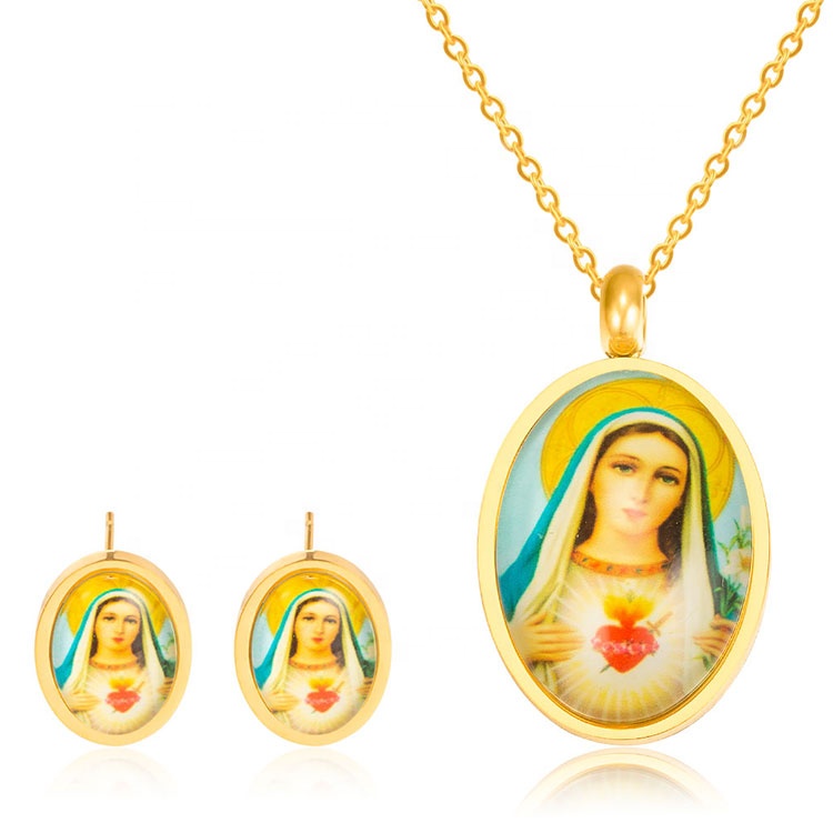 Custom Photos Pictures Enameled Gold Plated Stainless Steel Pendant Mary Necklace Earrings Jewelry Set