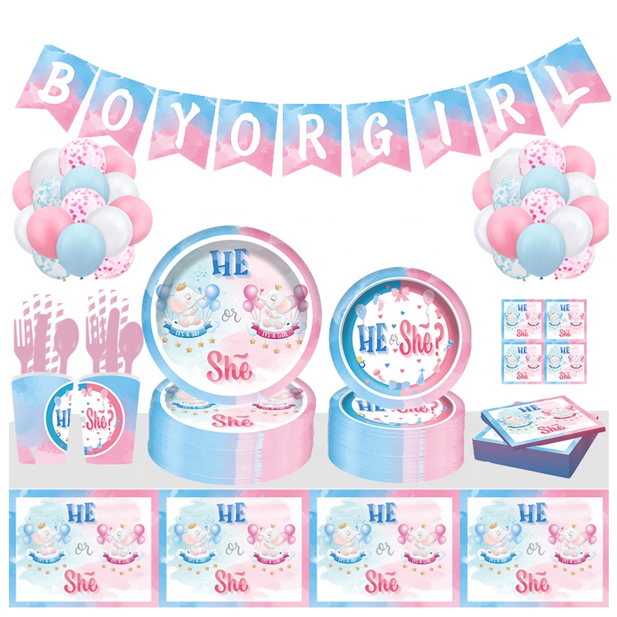 New design pink and blue baby shower party HE OR SHE themed disposable tableware set