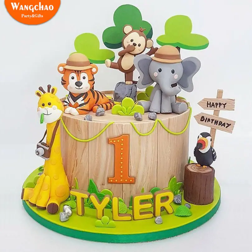 Lovely Forest Animals Gather Giraffes Tigers Elephants Safari Happy Birthday Cake Topper Jungle Party Supplies Kids Favors
