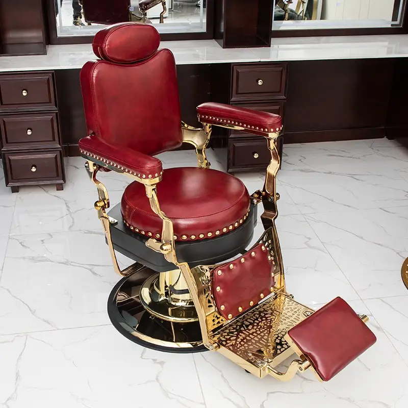 Factory Wholesale Retro Red Barber Chair Hair Salon Furniture Reclinable Rotatable Men Hairdressing Chair For Salon