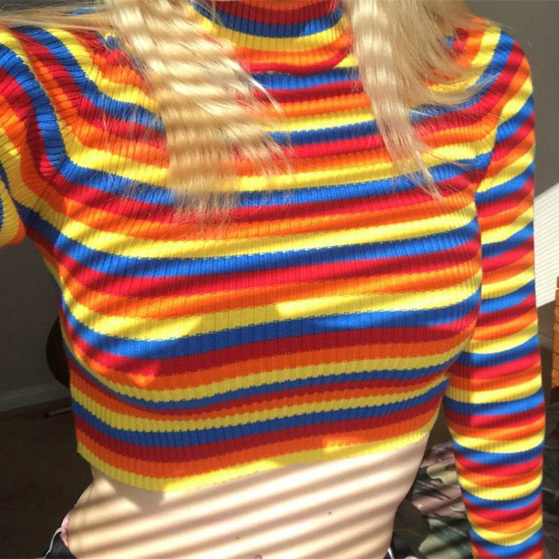 2021 autumn long sleeve color stripe slim fit sweater women's Pullover Top high neck sweater bottoming shirt 81169