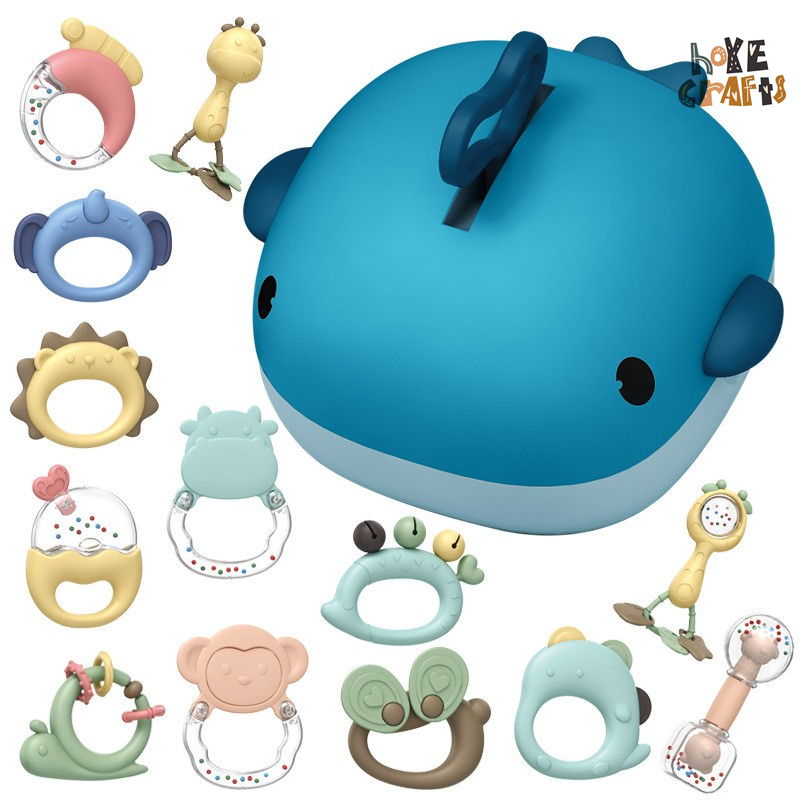Newest baby teething stick safe plastic toy rattle multi-function baby teether gift box set whale design baby toys
