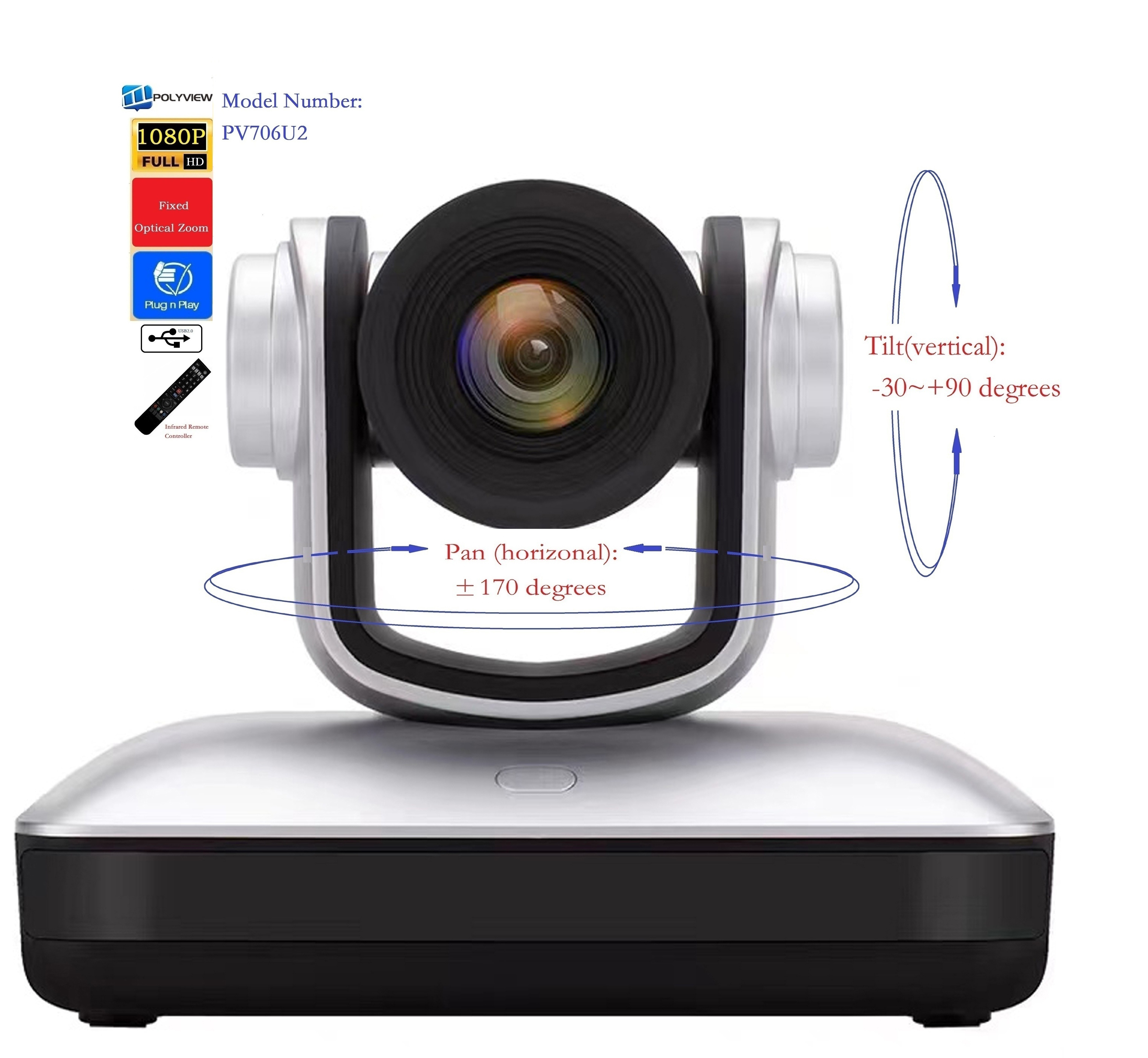 Видеокамера PTZ для USB-конференций, HD 1080P, Plug & Play, фиксированный фокус, телекоммуникационные услуги (PV706U2)