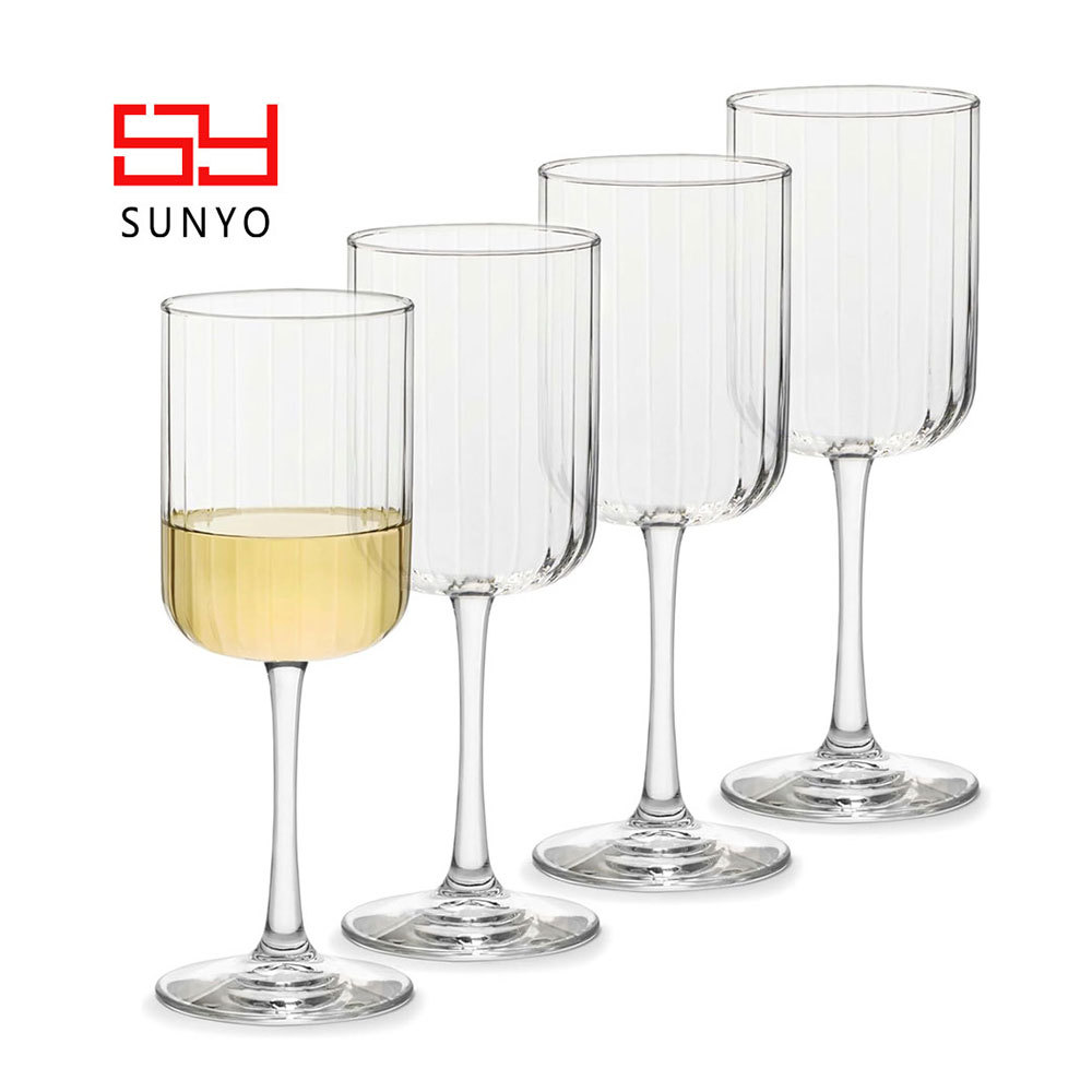 SUNYO Stemmed Wine Glasses Set of 4 Fine Ribbed Line Clear Wine Glasses All Purpose Wine Goblet Glasses