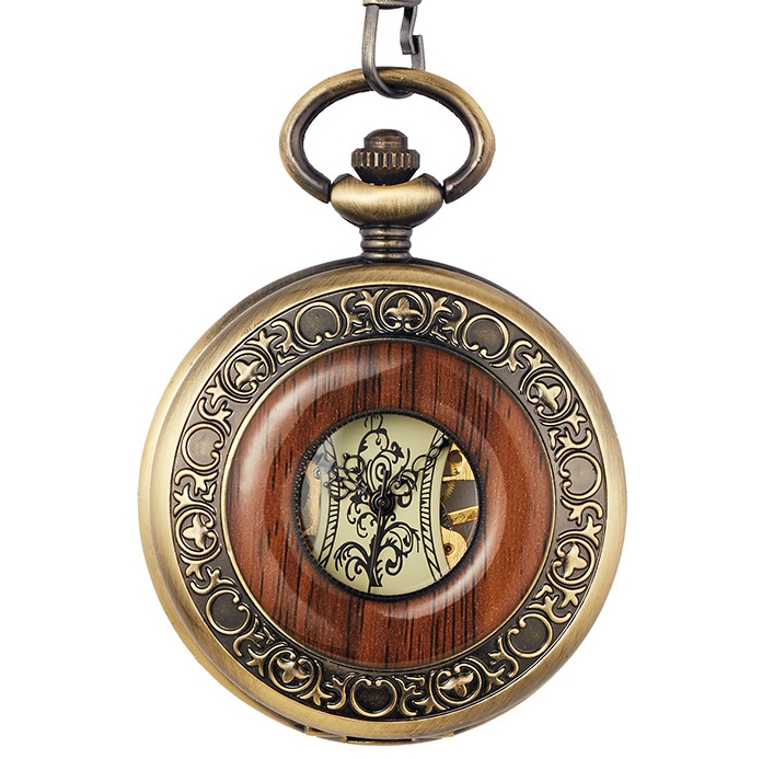 Stainless Steel Inter-Wood Pocket Watch Retro Flip Silent Automatic Mechanical Pocket Watches