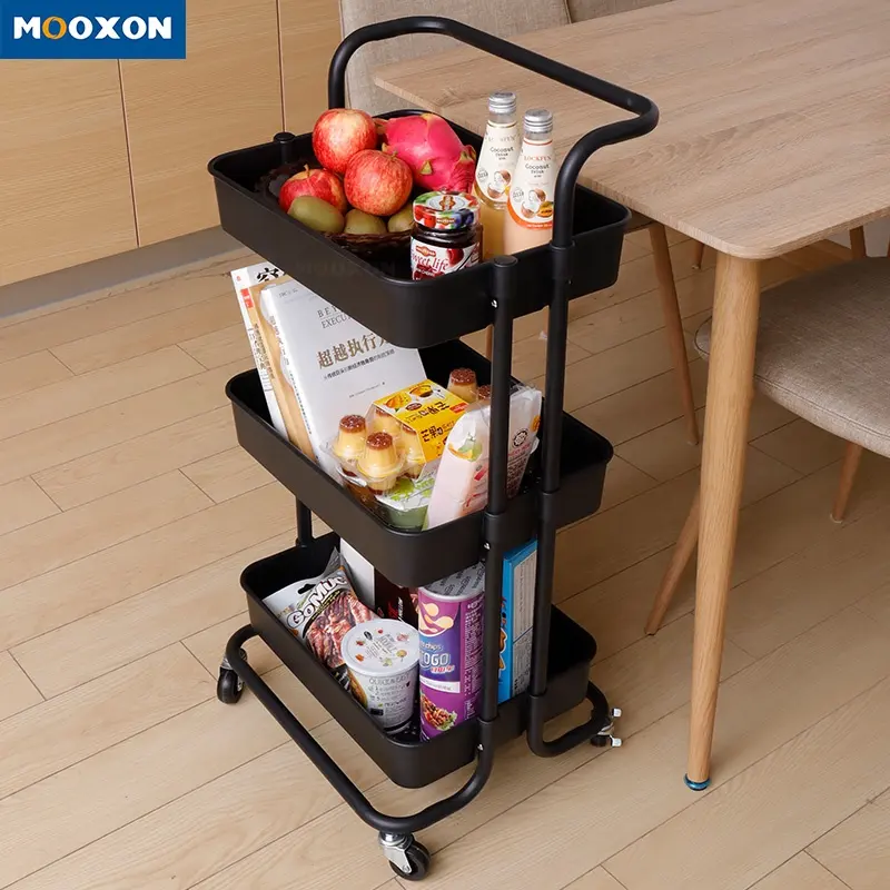 3 Tiers Carts Metal Multifunctional Racks Folding 4 wheel Tier Trolley Utility Kitchen Storage Holders Rolling Cart