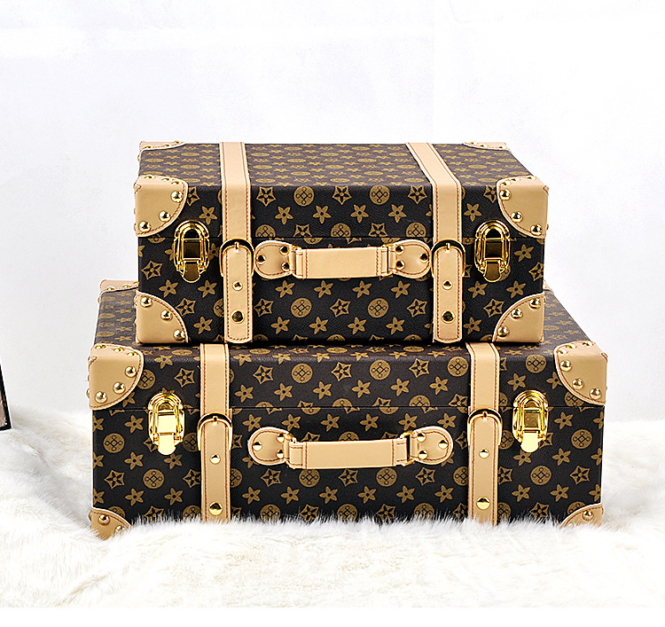 Vintage 2-Piece Unisex Wooden Treasure Chest Suitcases Pirate Wooden Trunk Lids Decorative Storage Trunks with Luggage Trolley