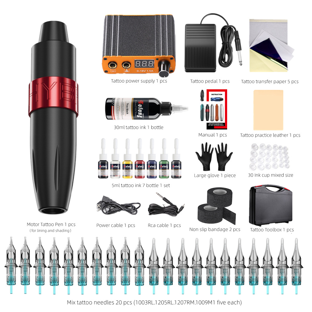 2024 Professional Rotary Tattoo Machine Kit for Beginners 7 Color Inks Power Supply Tattoo Pen with Cartridge for Body Art