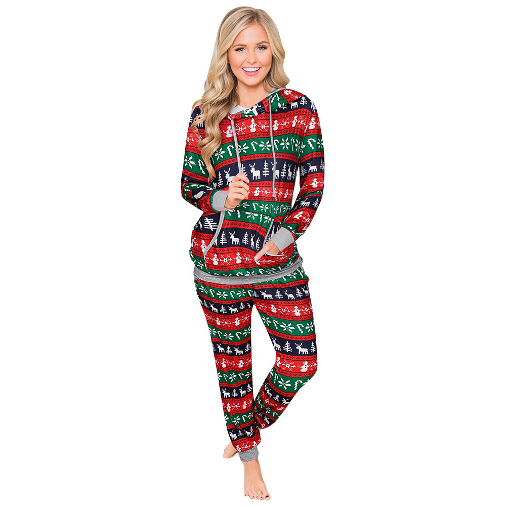 Trendy Women Knitted Clothing Christmas Hoodie and Pants Set for Women Set Plaid Print Loungewear Jogging Sweat Outfits