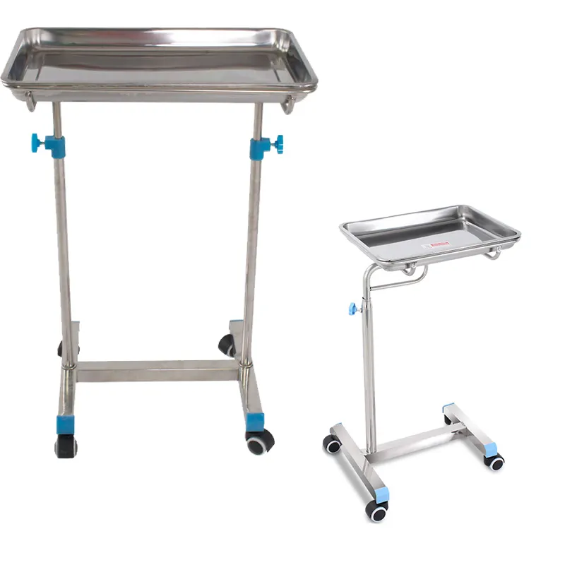 Hospital Used Adjustable Height Stainless Steel Medical Trolley Surgical Tray Stand Mayo Table With Wheel