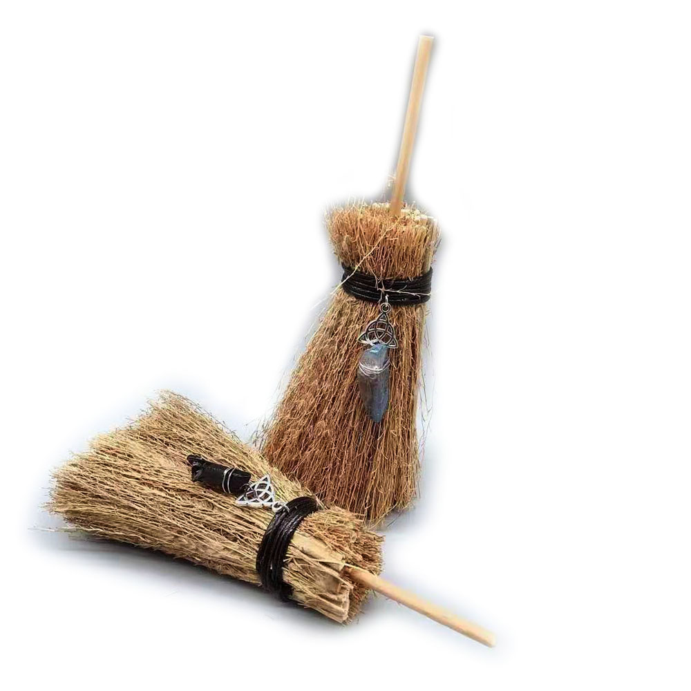 Wholesale handmade high quality hot selling natural color crystal bag and car pendant witch mini broom for Halloween gifts