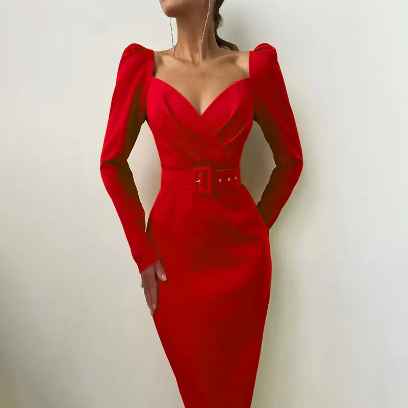 Elegant Women Career Dresses Slim V Neck Casual Office Lady Solid Red Puff Sleeve Mid Pencil Working Dress